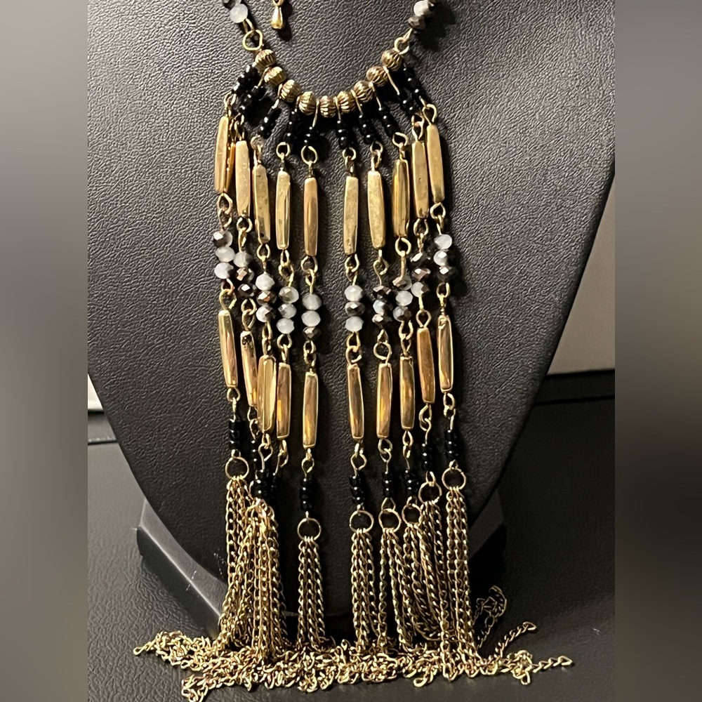 Vintage Elegant Fringe Bib Gold Tone and Black Necklace